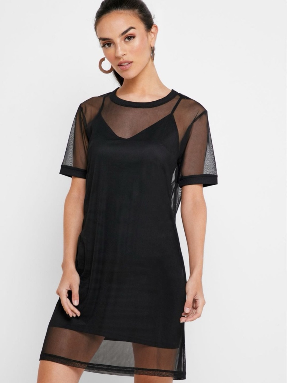 Forever 21 Black Sheer Mesh T-Shirt Slip Dress 2-in-1 Layered Mini Dress Sz S